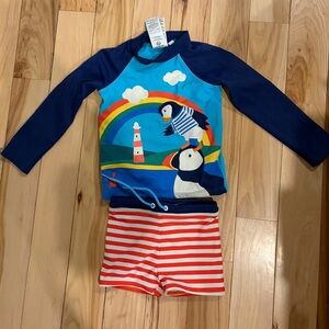 Kids Swim Set with Puffin  and nautical Design - Blue and Red